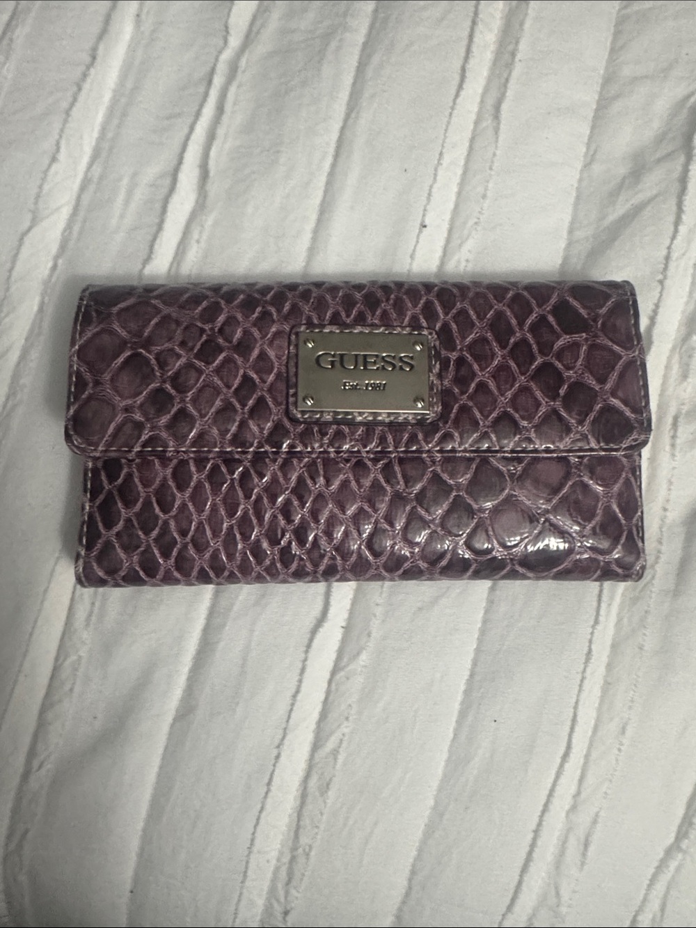 GUESS Plum Snake-Embossed Fold-Over Wallet with Metal Logo Plate